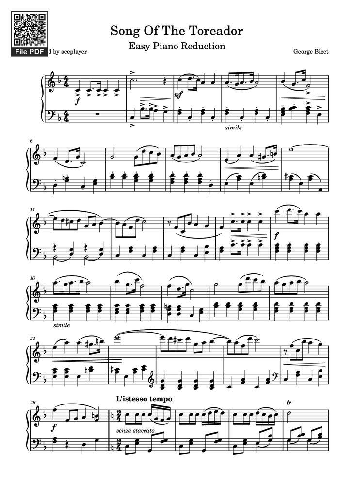 Page 1 of the piano sheet music PDF Piano - Song Of The Toreador Piano by George Bizet