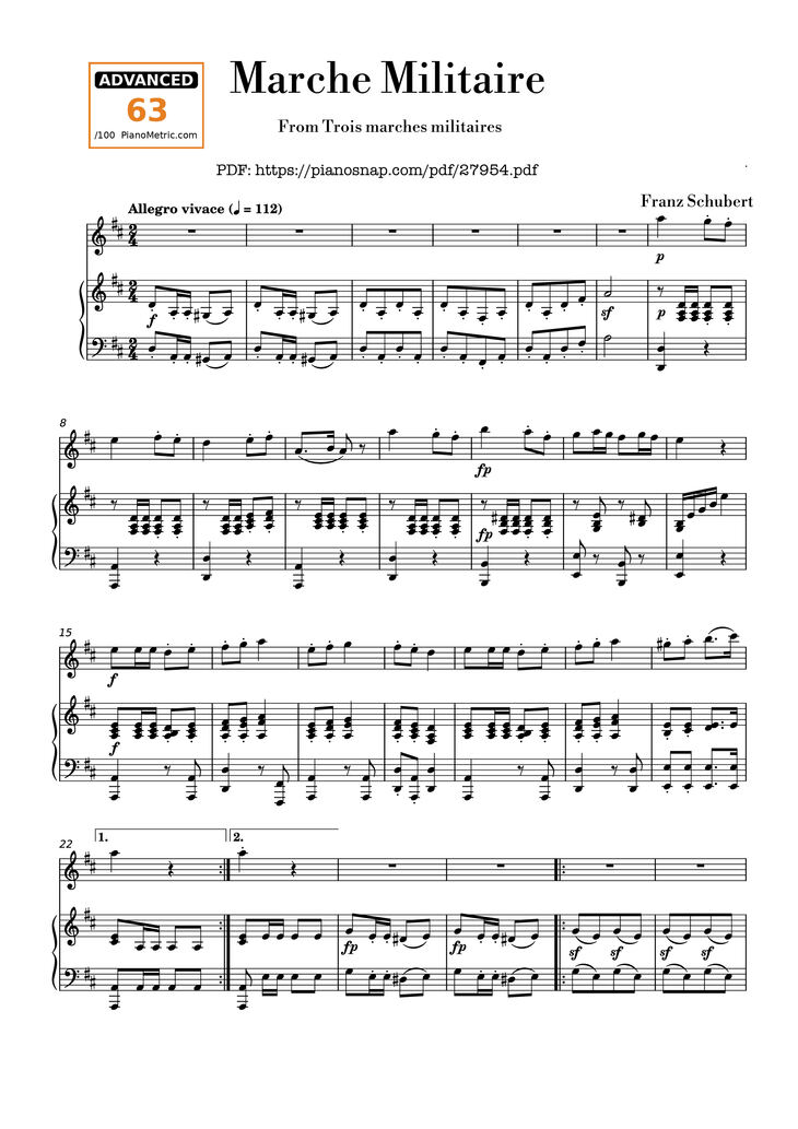Page 1 of the piano sheet music PDF Piano - Marche Militaire Violin & Piano by Franz Schubert