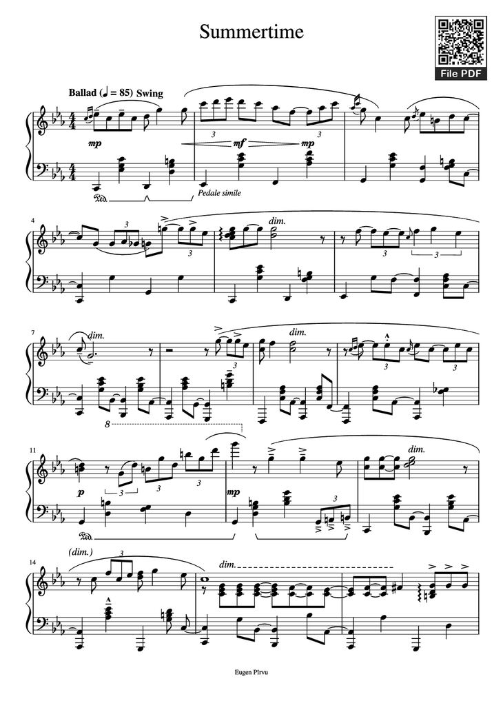 Page 1 of the piano sheet music PDF Piano - Summertime Piano by George Gershwin