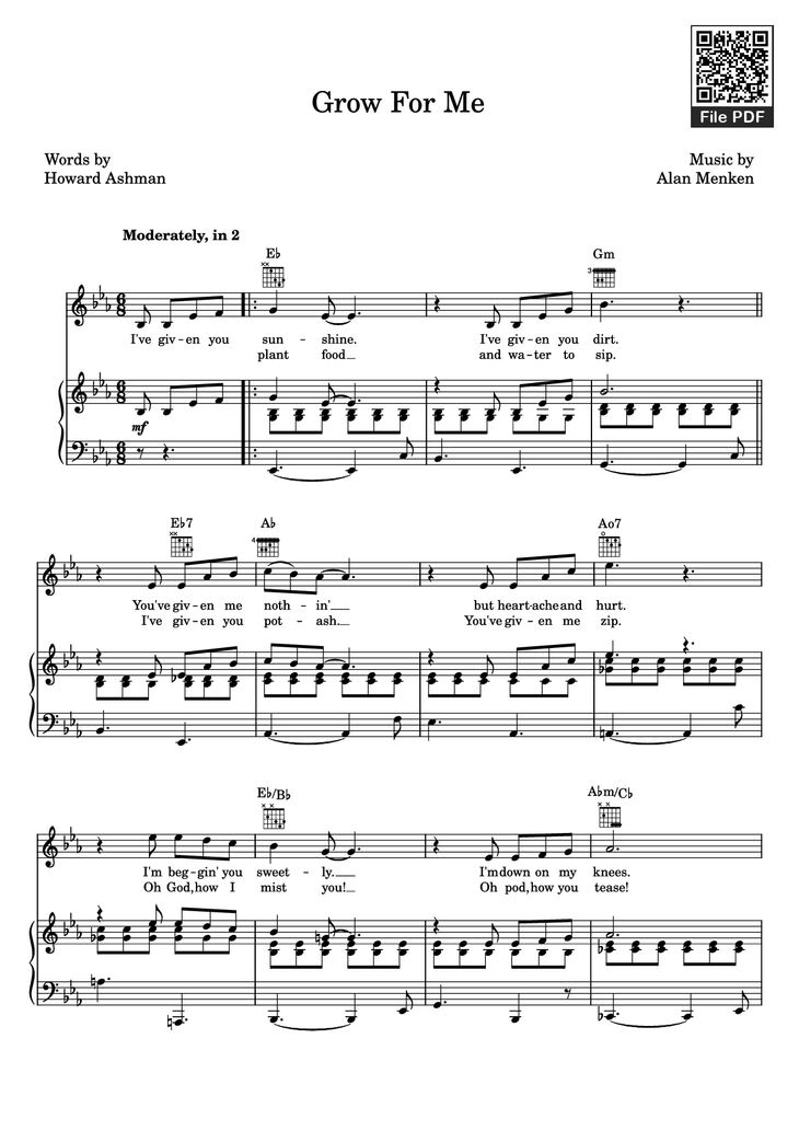 Page 1 of the piano sheet music PDF Piano - Grow For Me Piano by Alan Menken