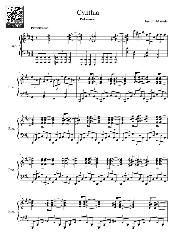 Page 1 of the piano sheet music PDF Piano - Cynthia Pokemon Theme Piano by Junichi Masuda