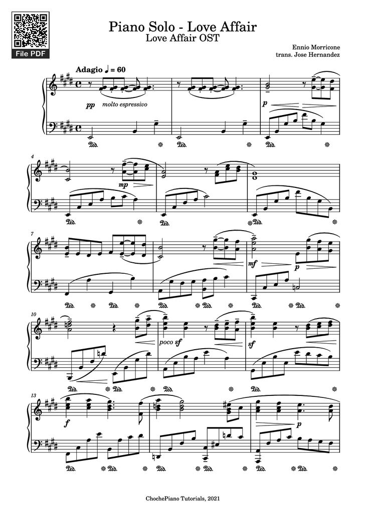 Page 1 of the piano sheet music PDF Piano - Piano Solo - Love Affair by Ennio Morricone
