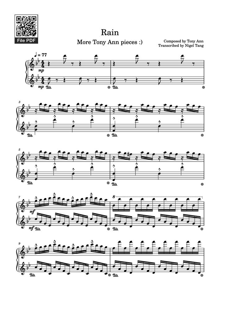 Page 1 of the piano sheet music PDF Piano - Rain Piano by Composed by Tony Ann