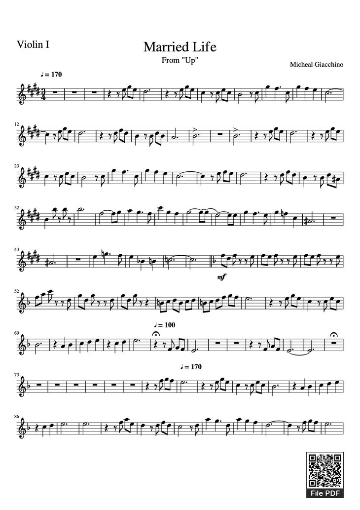 Page 1 of the piano sheet music PDF - Married Life Violin by Micheal Giacchino