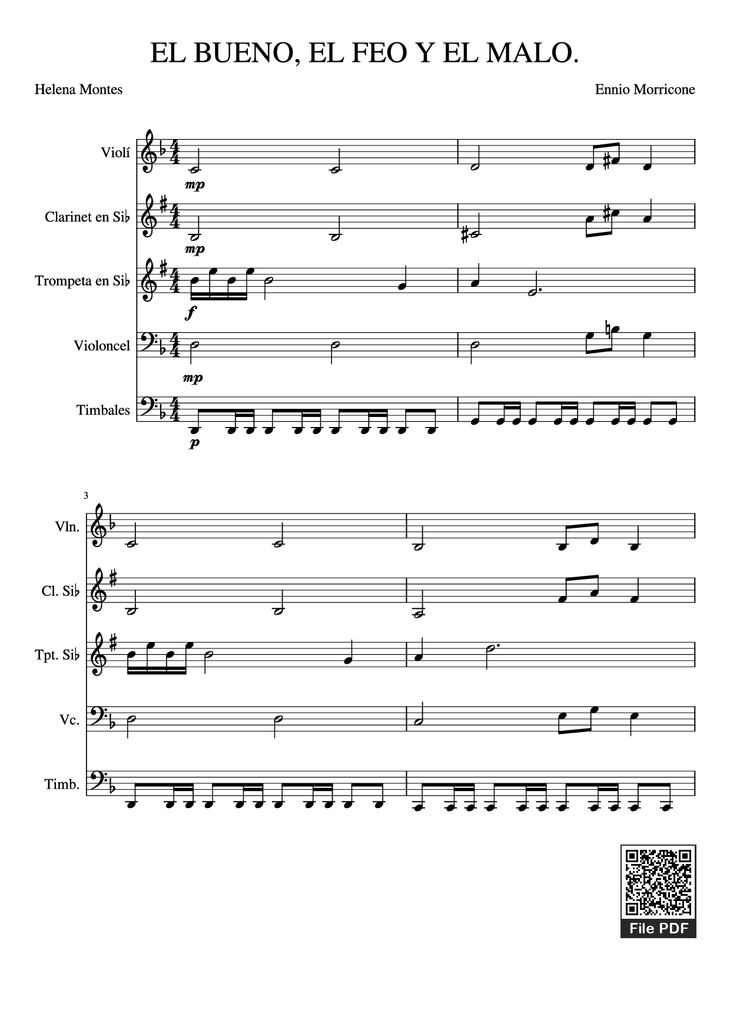 Page 1 of the piano sheet music PDF - EL BUENO, EL FEO Y EL MALO. Violin by Ennio Morricone