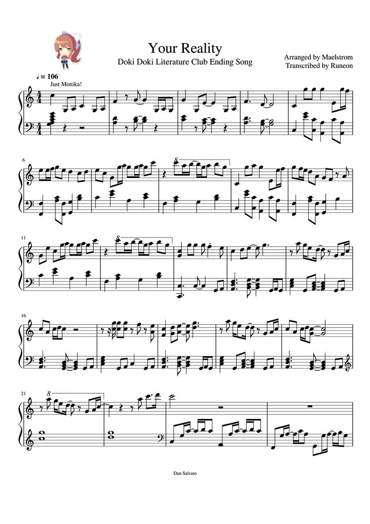 Page 1 of the piano sheet music PDF Piano - Your Reality Piano by Arranged by Maelstrom Transcribed by Runeon