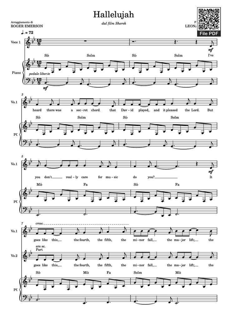 Page 1 of the piano sheet music PDF Piano - Hallelujah Piano by Parole e musica di