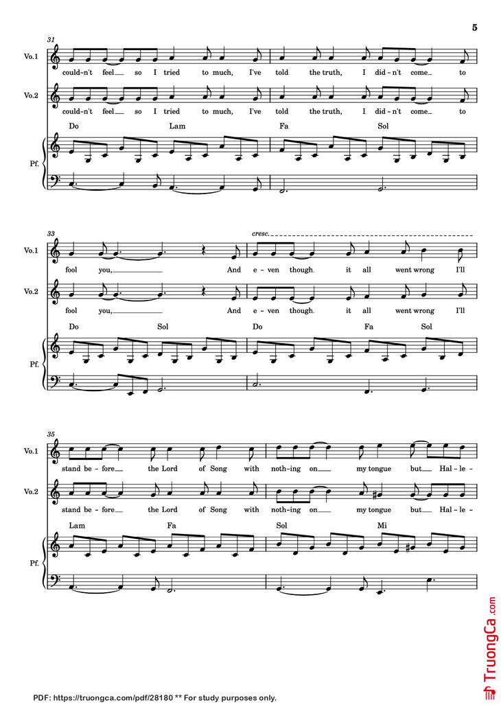 Page 5 of the piano sheet music PDF Piano - Hallelujah Piano by Parole e musica di
