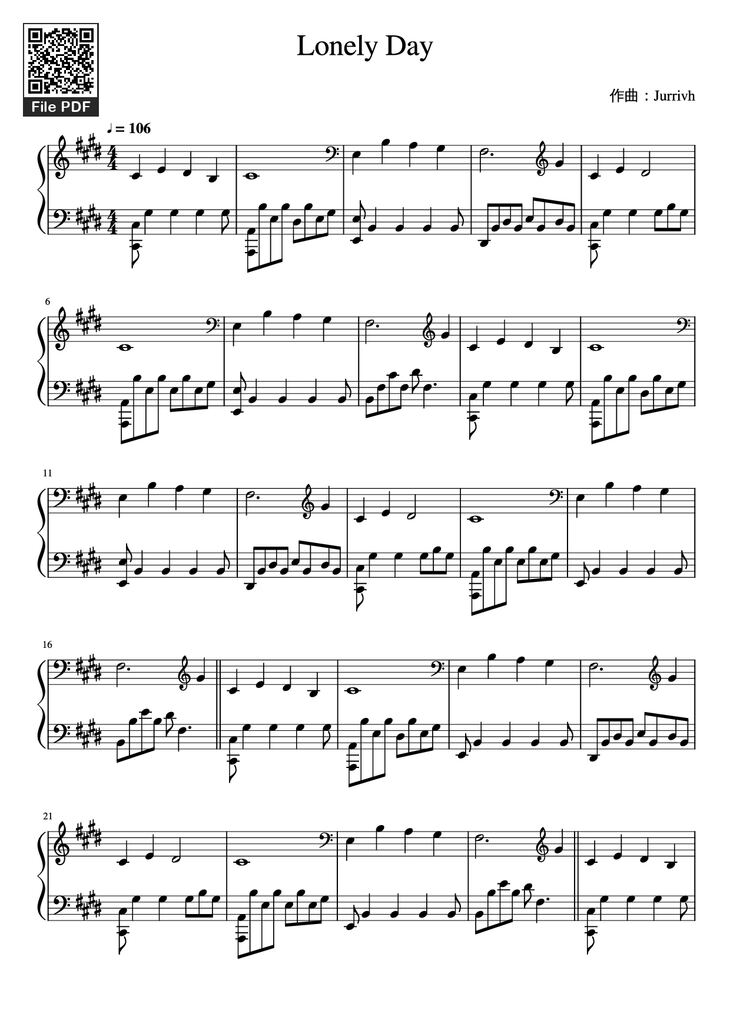 Page 1 of the piano sheet music PDF Piano - Lonely Day Piano by Jurrivh