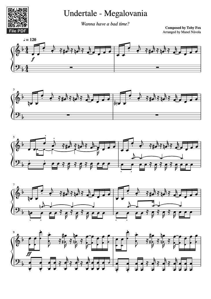 Page 1 of the piano sheet music PDF Piano - Undertale - Megalovania Piano by Composed by Toby Fox