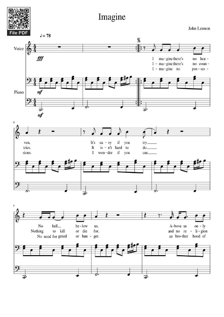 Page 1 of the piano sheet music PDF Piano - Imagine Piano & Vocal by John Lennon