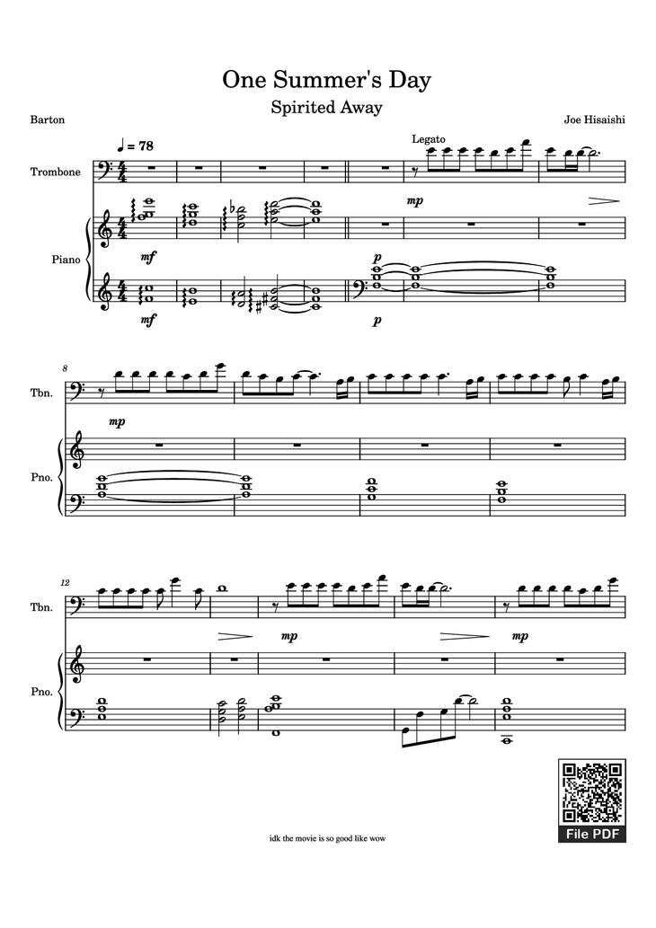 Page 1 of the piano sheet music PDF Piano - One Summer