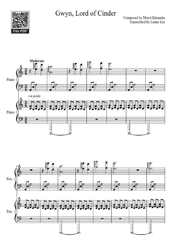 Page 1 of the piano sheet music PDF Piano - Gwyn, Lord of Cinder Piano by Composed by Motoi Sakuraba