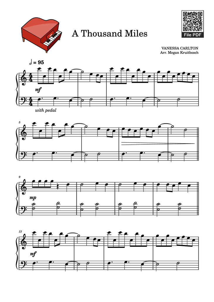 Page 1 of the piano sheet music PDF Piano - A Thousand Miles Piano by VANESSA CARLTON