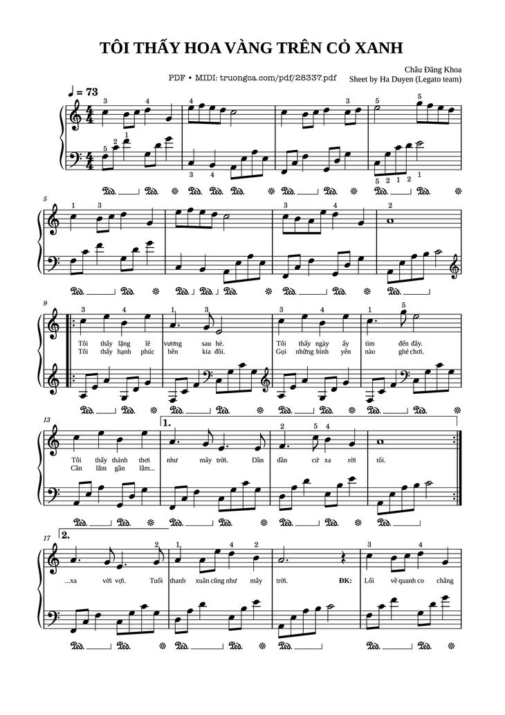 Page 1 of the piano sheet music PDF Piano - Tôi thấy hoa vàng trên cỏ xanh Piano by Châu Đăng Khoa, Legato team