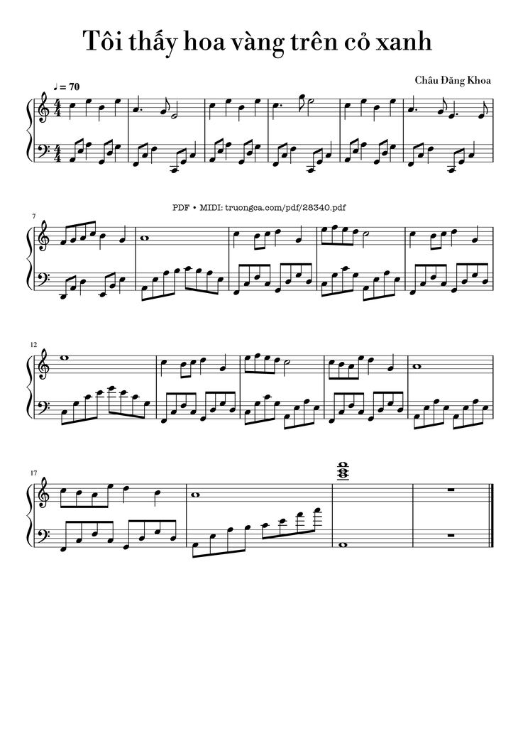 Page 1 of the piano sheet music PDF Piano - Tôi thấy hoa vàng trên cỏ xanh Piano easy by Châu Đăng Khoa