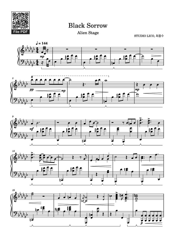 Page 1 of the piano sheet music PDF Piano - Black Sorrow Piano by STUDIO LICO, 최용수