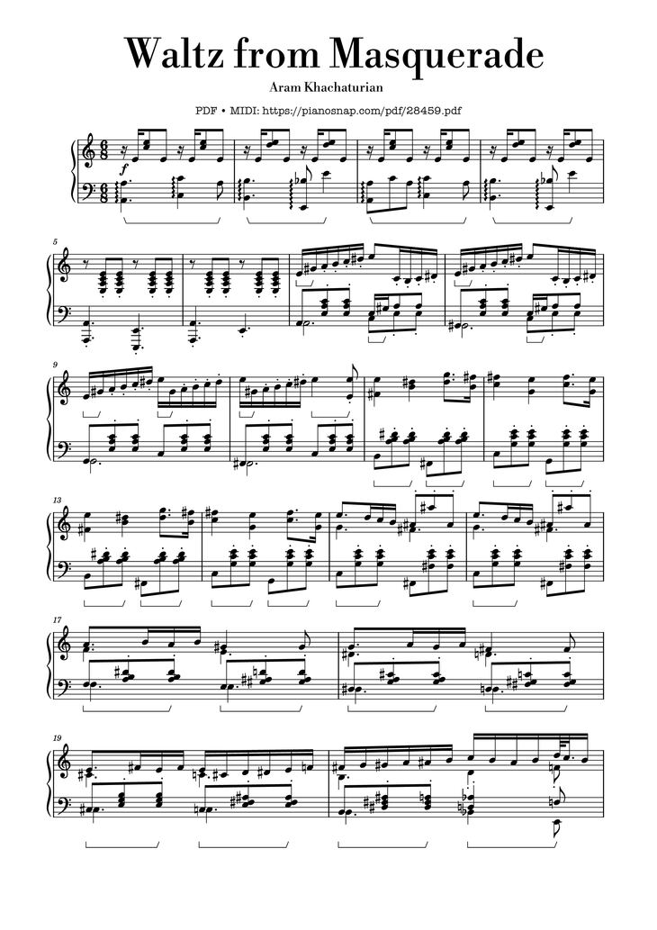 Page 1 of the piano sheet music PDF - Waltz from Masquerade Piano by Khachaturian Trio