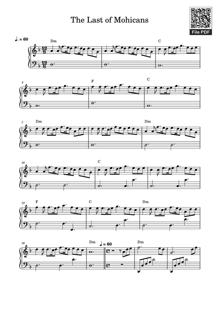 Page 1 of the piano sheet music PDF Piano - The Last of Mohicans Piano by Undefined
