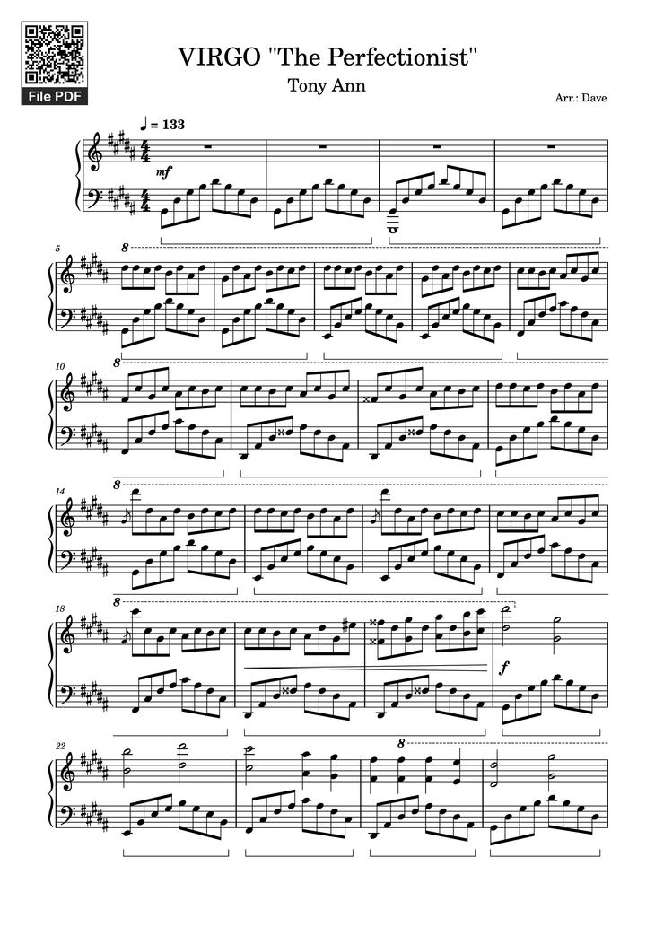 Page 1 of the piano sheet music PDF Piano - VIRGO The Perfectionist Piano by Arr.: Dave