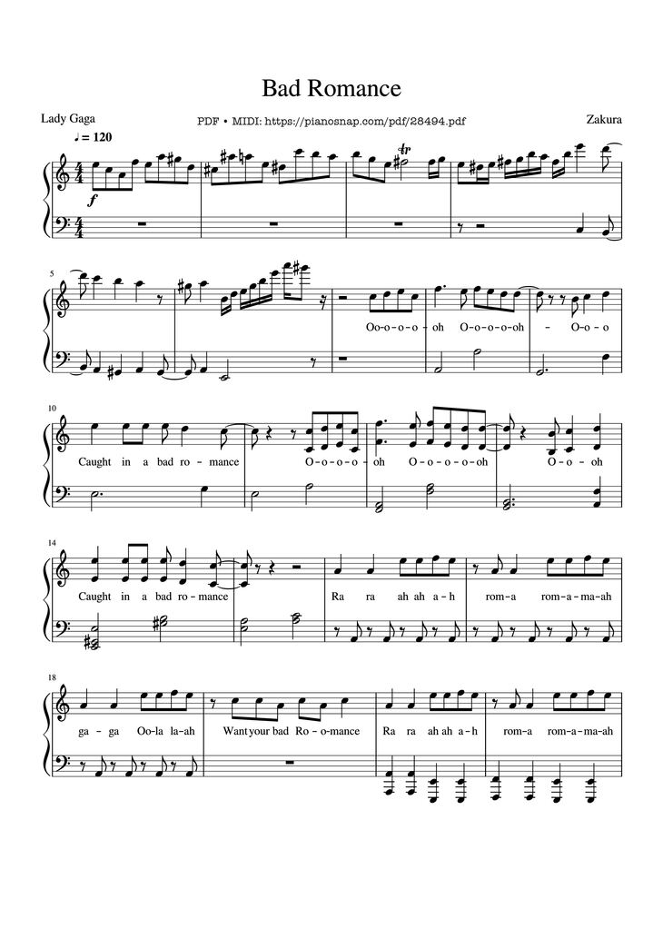 Page 1 of the piano sheet music PDF Piano - Bad Romance - Lady Gaga Piano by Zakura