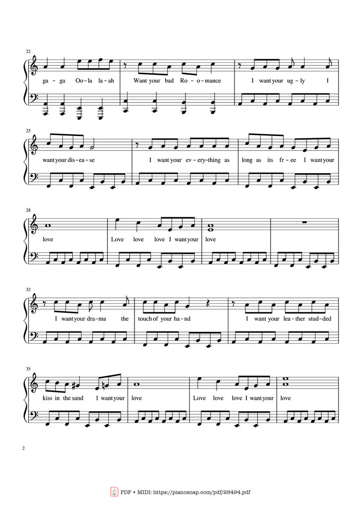 Page 2 of the piano sheet music PDF Piano - Bad Romance - Lady Gaga Piano by Zakura