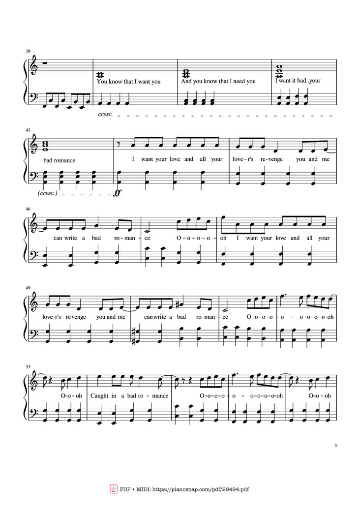 Page 3 of the piano sheet music PDF Piano - Bad Romance - Lady Gaga Piano by Zakura