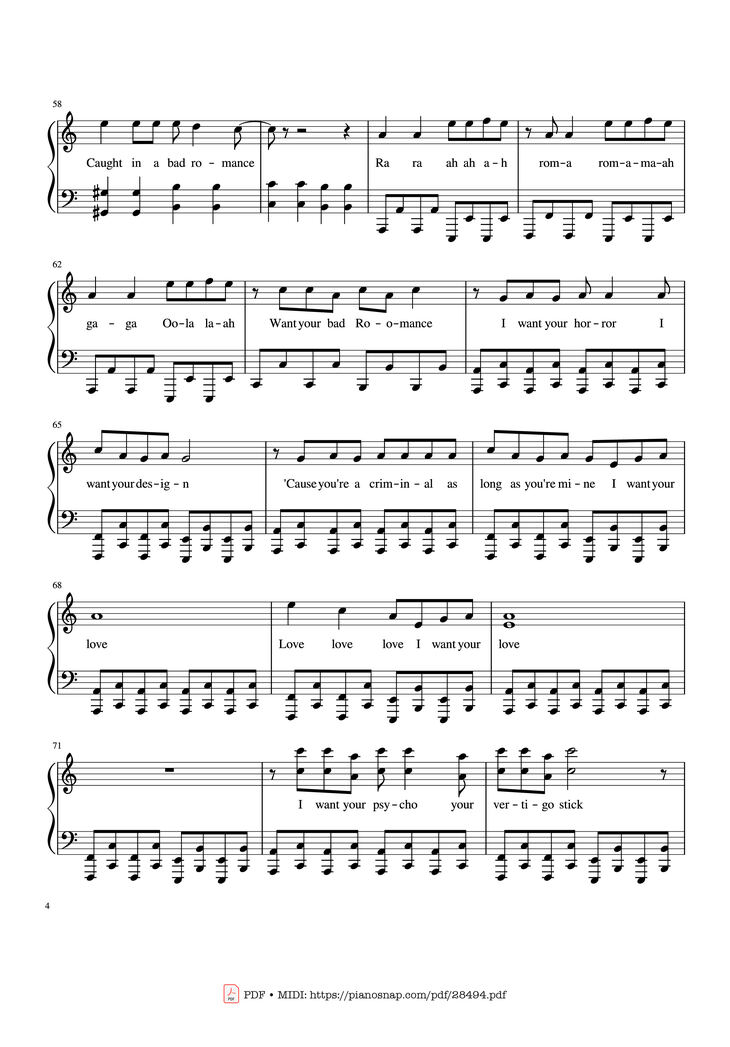 Page 4 of the piano sheet music PDF Piano - Bad Romance - Lady Gaga Piano by Zakura