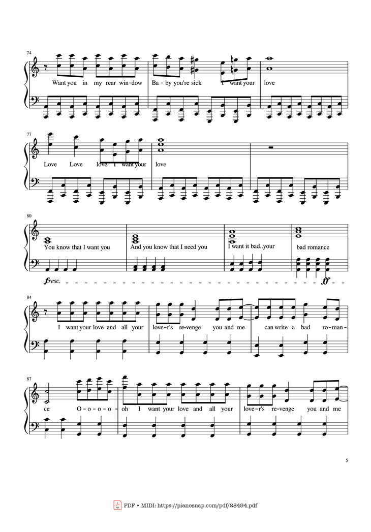 Page 5 of the piano sheet music PDF Piano - Bad Romance - Lady Gaga Piano by Zakura