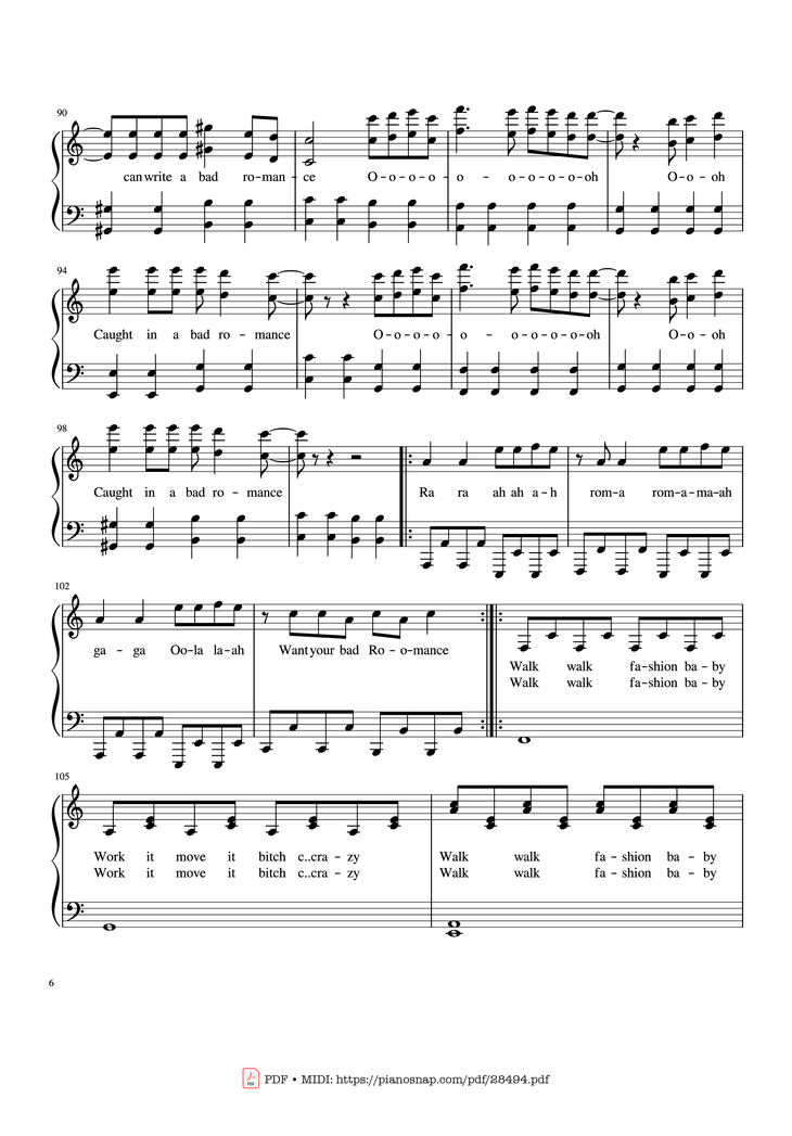 Page 6 of the piano sheet music PDF Piano - Bad Romance - Lady Gaga Piano by Zakura