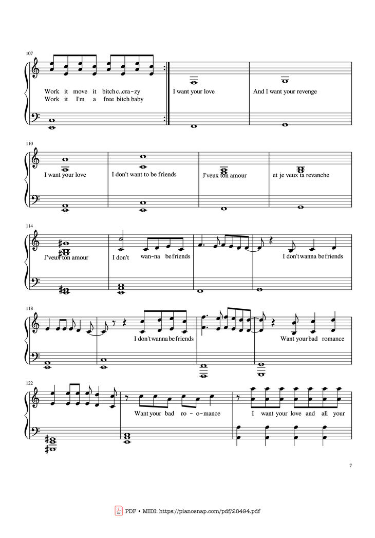 Page 7 of the piano sheet music PDF Piano - Bad Romance - Lady Gaga Piano by Zakura