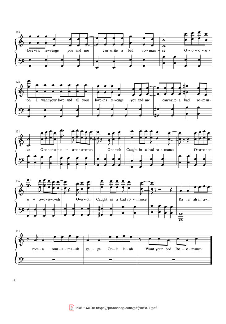 Page 8 of the piano sheet music PDF Piano - Bad Romance - Lady Gaga Piano by Zakura
