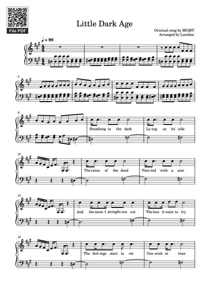 Page 1 of the piano sheet music PDF Piano - Little Dark Age Piano by Orininal song by MGMT