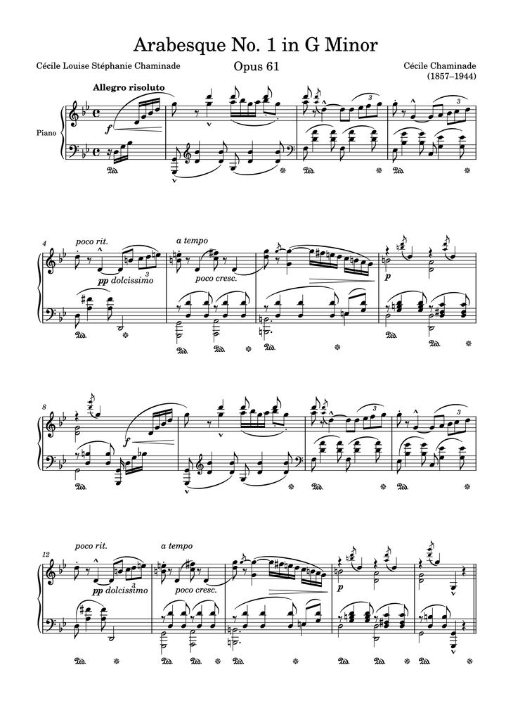 Page 1 of the piano sheet music PDF Piano - Arabesque No. 1 in G Minor Piano by Cécile Chaminade