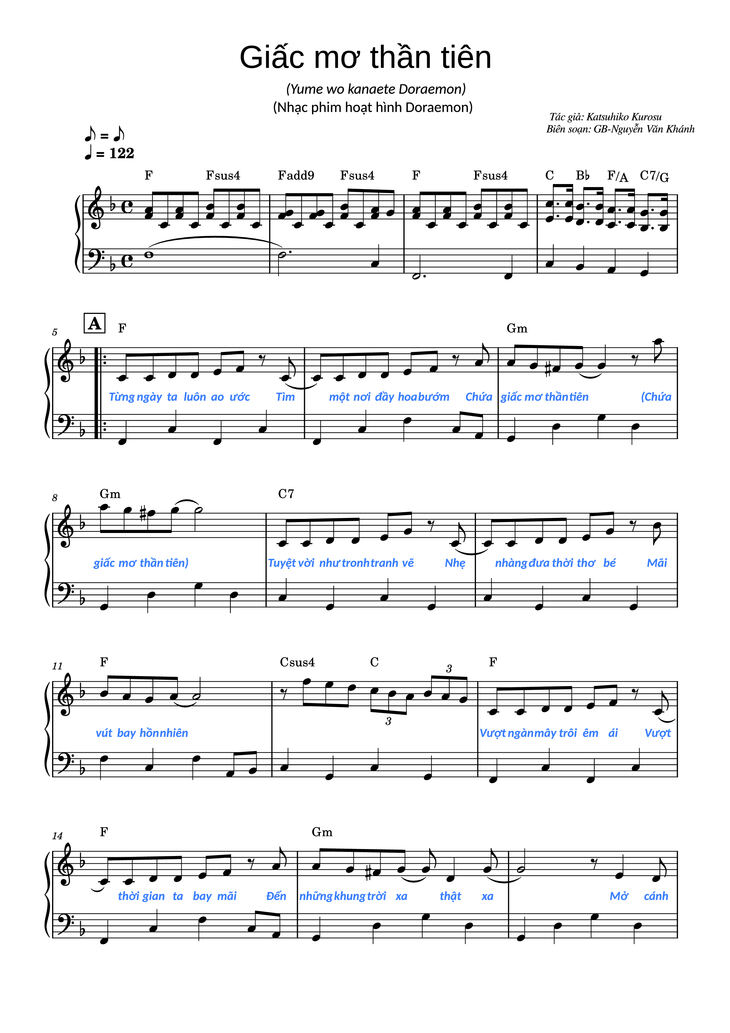 Page 1 of the piano sheet music PDF Piano - Giấc Mơ Thần Tiên (Doraemon OST) Piano by Katsuhiko Kurosu