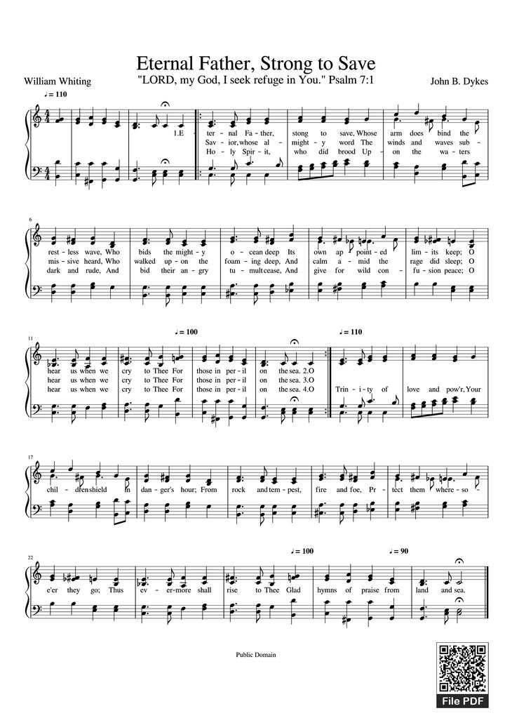Page 1 of the piano sheet music PDF Piano - Eternal Father, Strong to Save by William Whiting