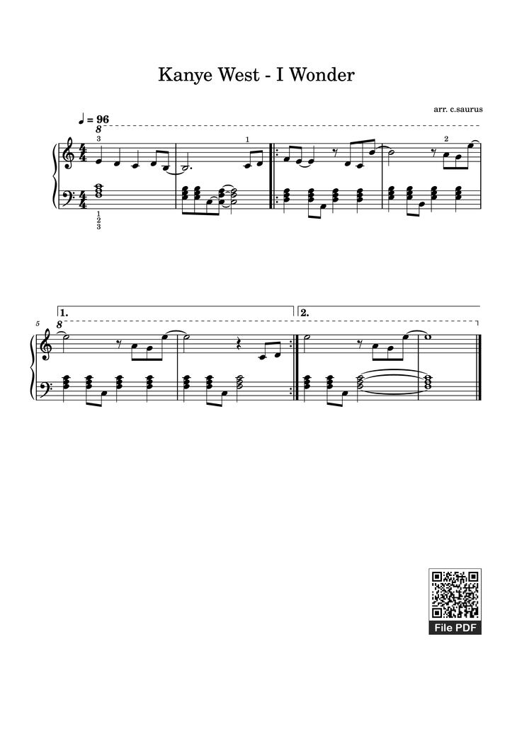 Page 1 of the piano sheet music PDF Piano - Kanye West - I Wonder Piano by Arr. c.saurus