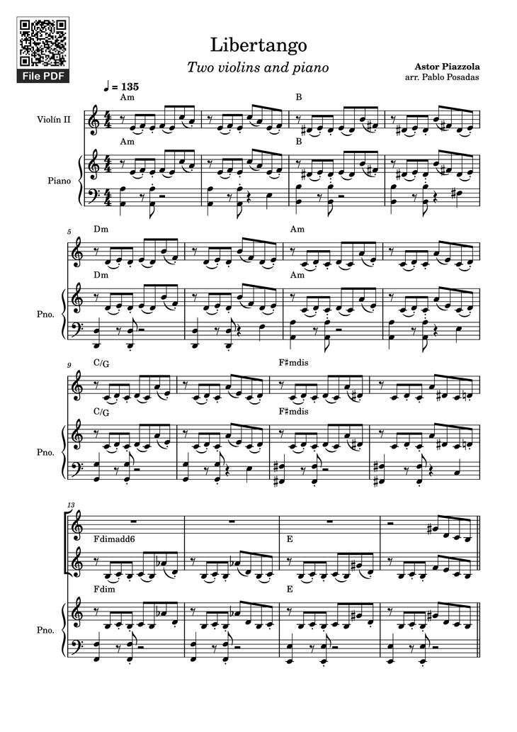 Page 1 of the piano sheet music PDF Piano - Libertango Piano vs 2 violins by Astor Piazzola