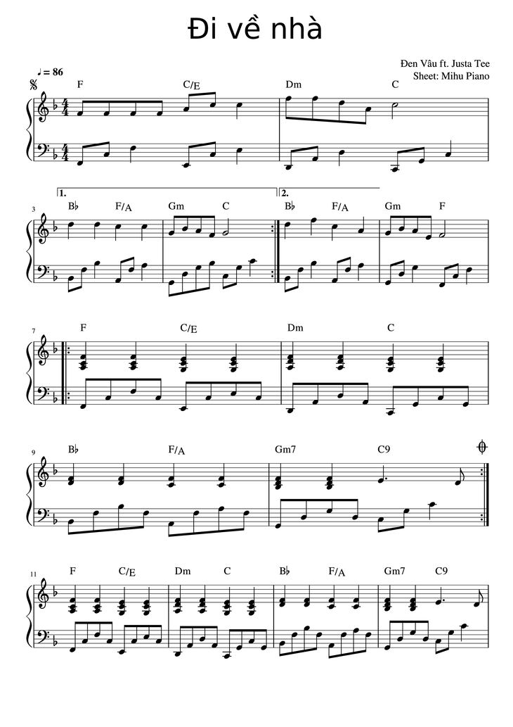 Page 1 of the piano sheet music PDF Piano - Đi về nhà Piano by Đen Vâu