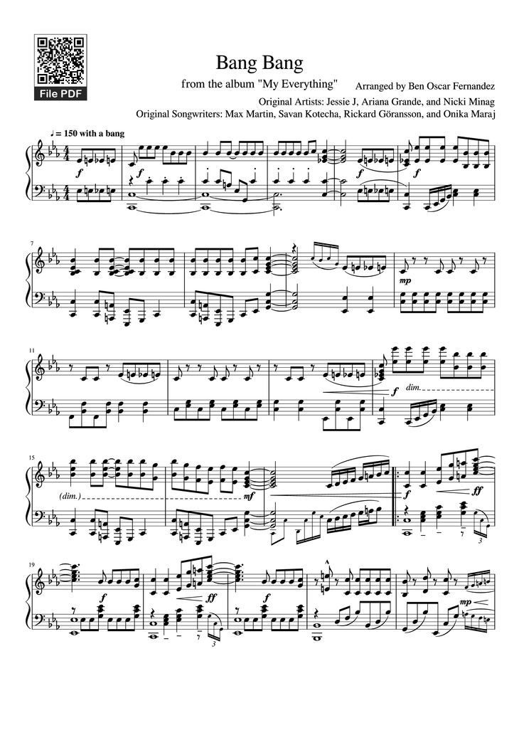 Page 1 of the piano sheet music PDF Piano - Bang Bang Piano by Ariana Grande