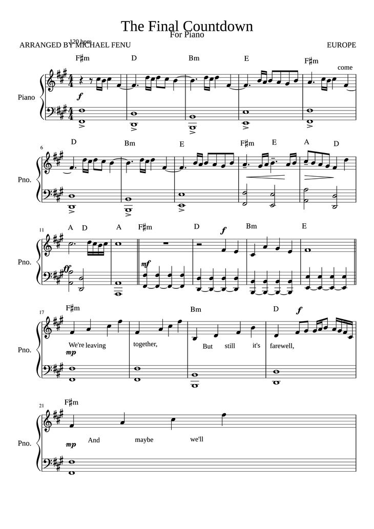 Page 1 of the piano sheet music PDF Piano - The Final Countdown Piano by ARRANGED BY MICHAEL FENU EUROPE