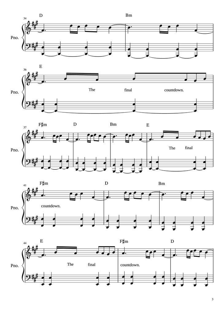 Page 3 of the piano sheet music PDF Piano - The Final Countdown Piano by ARRANGED BY MICHAEL FENU EUROPE