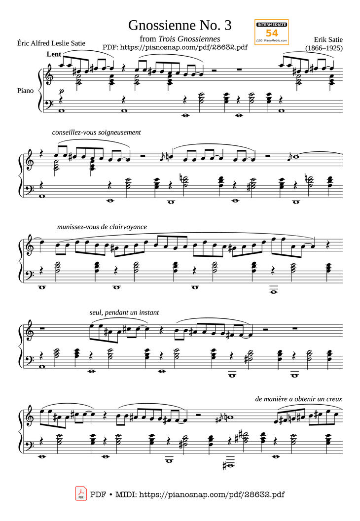 Page 1 of the piano sheet music PDF Piano - Gnossienne No. 3 by Erik Satie