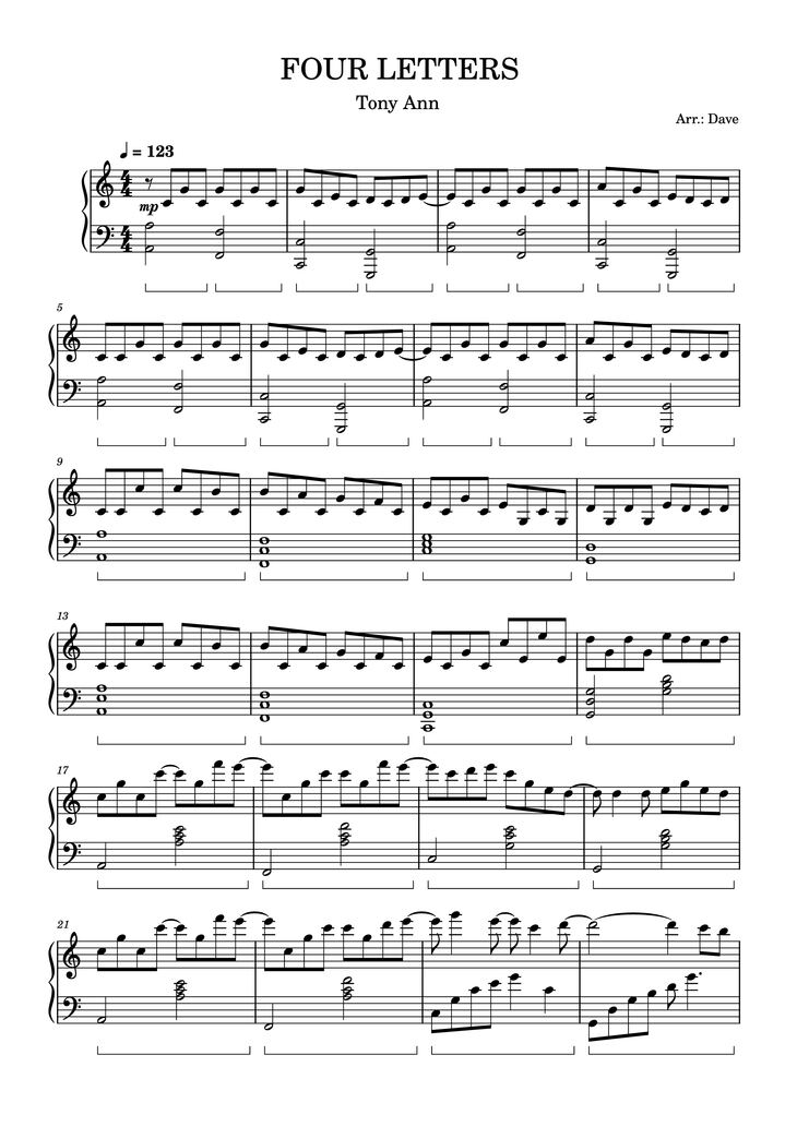 Page 1 of the piano sheet music PDF Piano - FOUR LETTERS Piano by Arr.: Dave