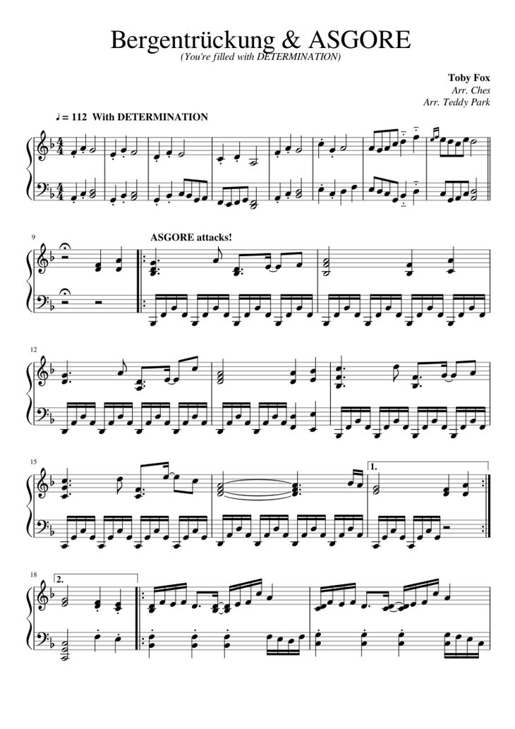 Page 1 of the piano sheet music PDF Piano - Bergentrückung & ASGORE Piano by Toby Fox