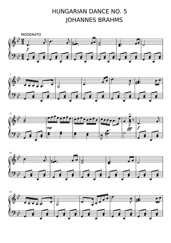 Page 1 of the piano sheet music PDF Piano - Hungarian Dance NO. 5 Piano (Easy) by JOHANNES BRAHMS