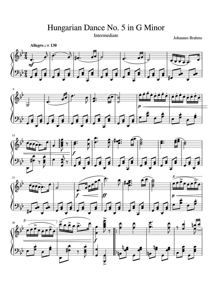 Page 1 of the piano sheet music PDF Piano - Hungarian Dance No. 5 Piano by Johannes Brahms