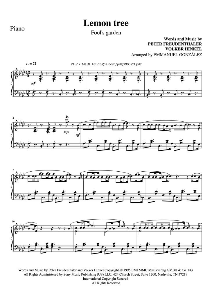 Page 1 of the piano sheet music PDF Piano - Lemon tree Piano by PETER FREUDENTHALER
