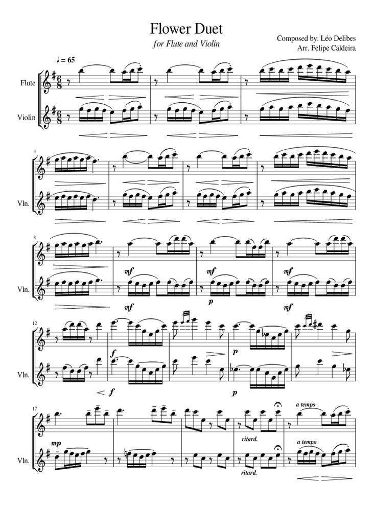 Page 1 of the piano sheet music PDF - Flower Duet Violin by Composed by: Léo Delibes Arr. Felipe Caldeira