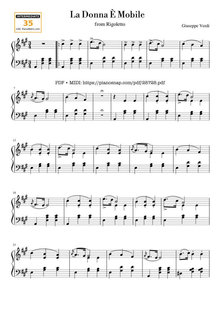 Page 1 of the piano sheet music PDF Piano - La Donna È Mobile Piano by Giuseppe Verdi